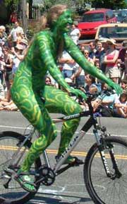 bodypainted bicyclist